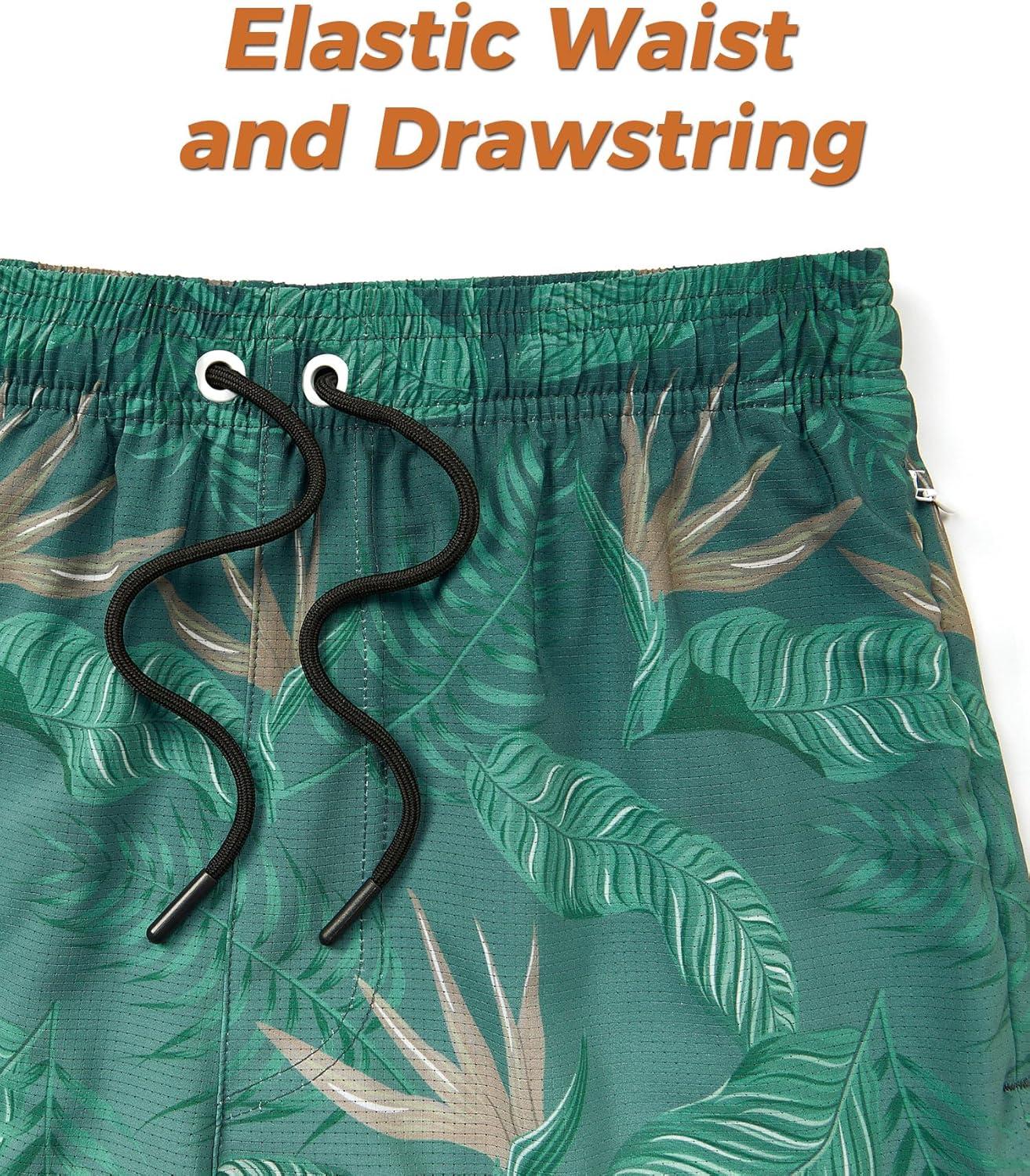 imageELETOP Mens Swim Trunks with Compression Liner Bathing Suit Beach Board Shorts with Zipper Pockets615 Leaf Gradient Green