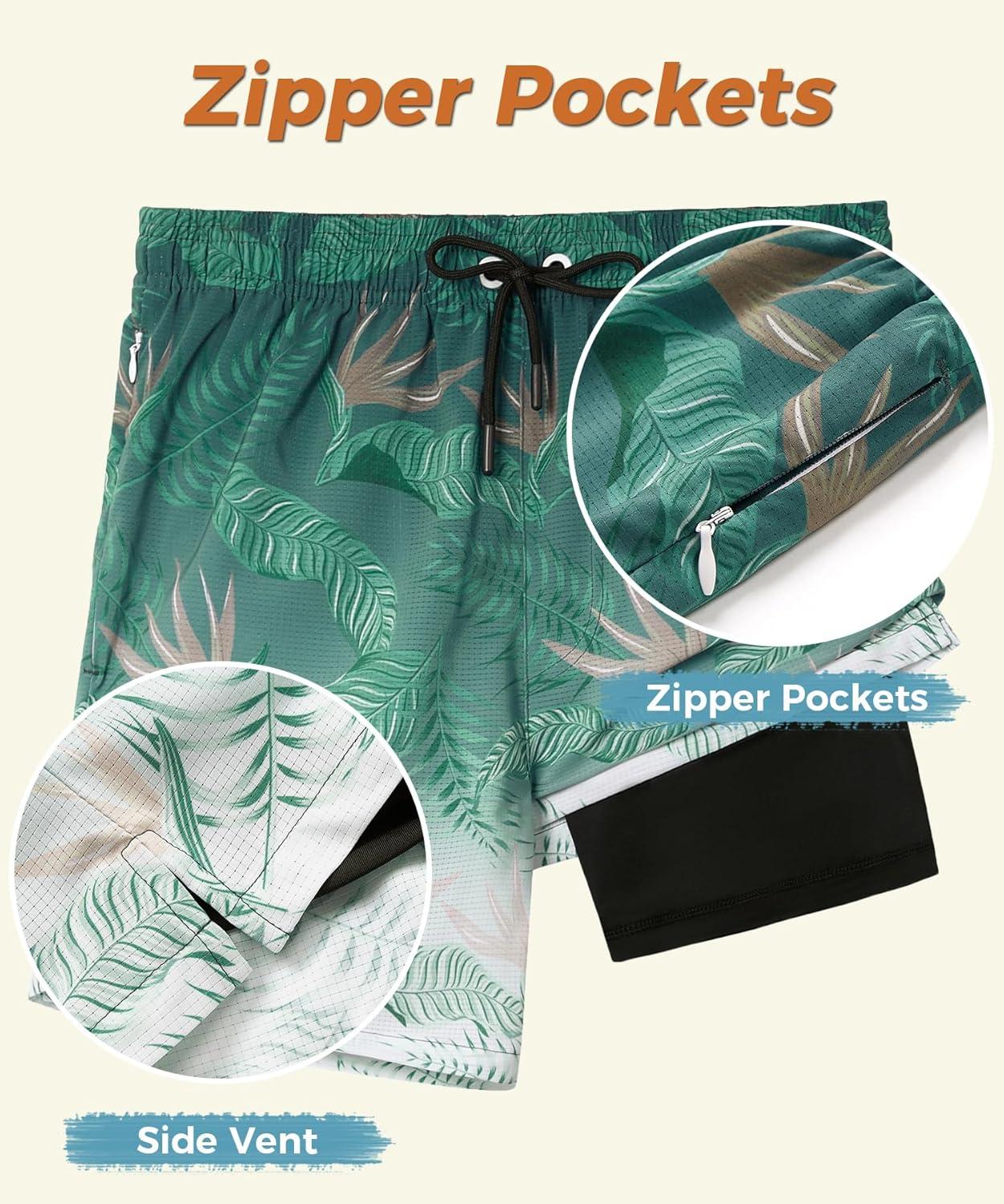 imageELETOP Mens Swim Trunks with Compression Liner Bathing Suit Beach Board Shorts with Zipper Pockets615 Leaf Gradient Green