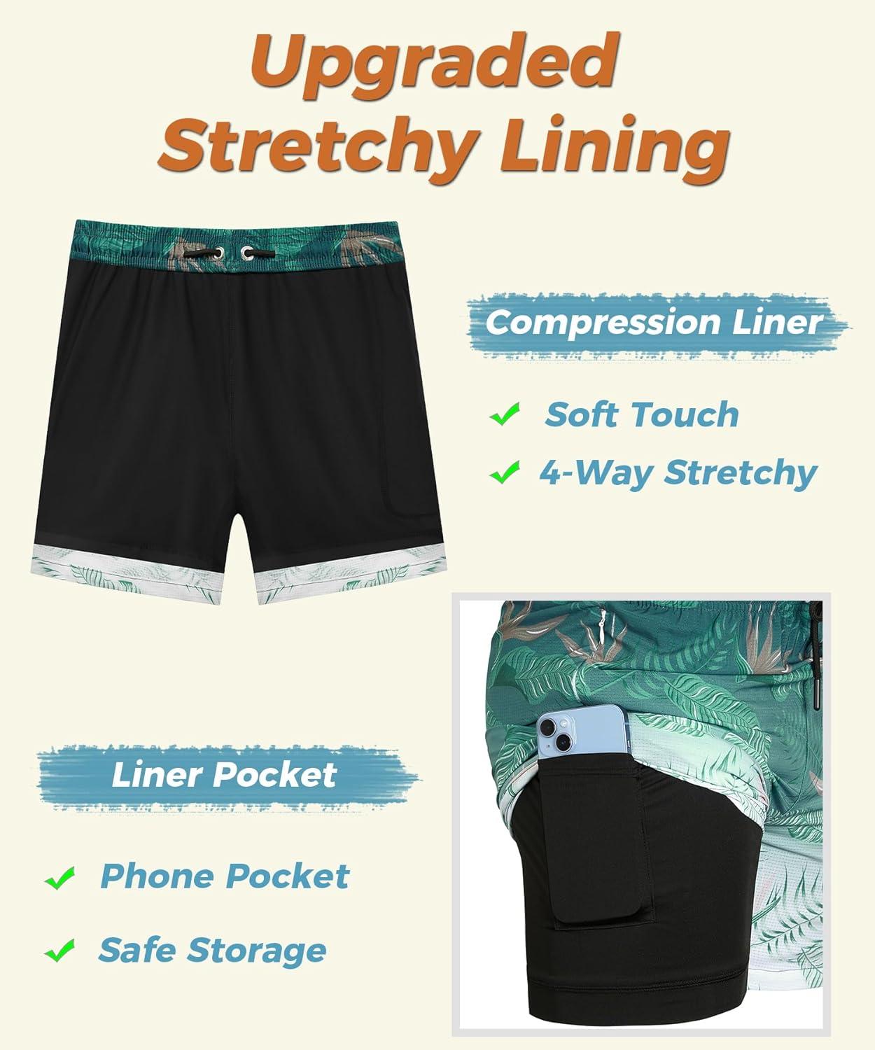 imageELETOP Mens Swim Trunks with Compression Liner Bathing Suit Beach Board Shorts with Zipper Pockets615 Leaf Gradient Green