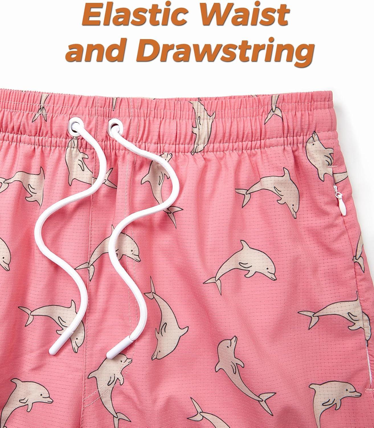 imageELETOP Mens Swim Trunks with Compression Liner Bathing Suit Beach Board Shorts with Zipper Pockets616 Dolphin Pink