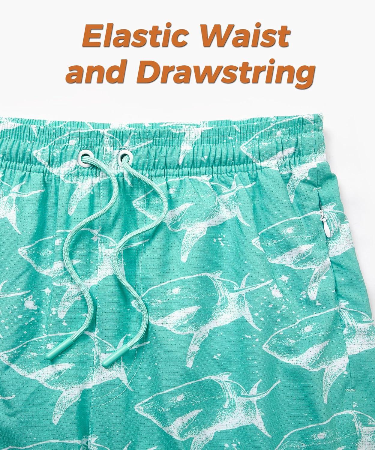 imageELETOP Mens Swim Trunks with Compression Liner Bathing Suit Beach Board Shorts with Zipper Pockets617 Shark Light Blue