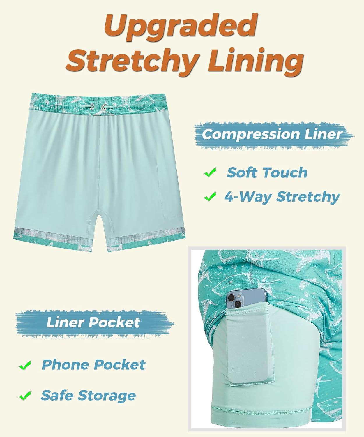 imageELETOP Mens Swim Trunks with Compression Liner Bathing Suit Beach Board Shorts with Zipper Pockets617 Shark Light Blue