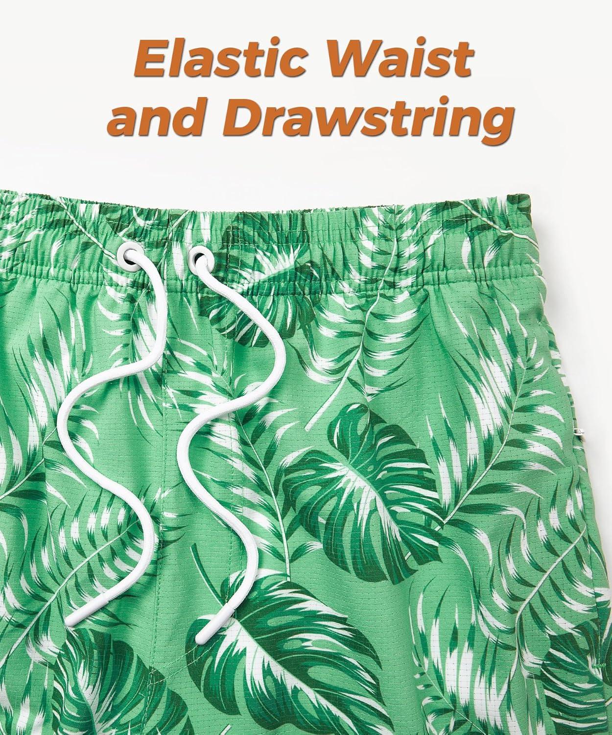 imageELETOP Mens Swim Trunks with Compression Liner Bathing Suit Beach Board Shorts with Zipper Pockets618 Palm Leaf Green