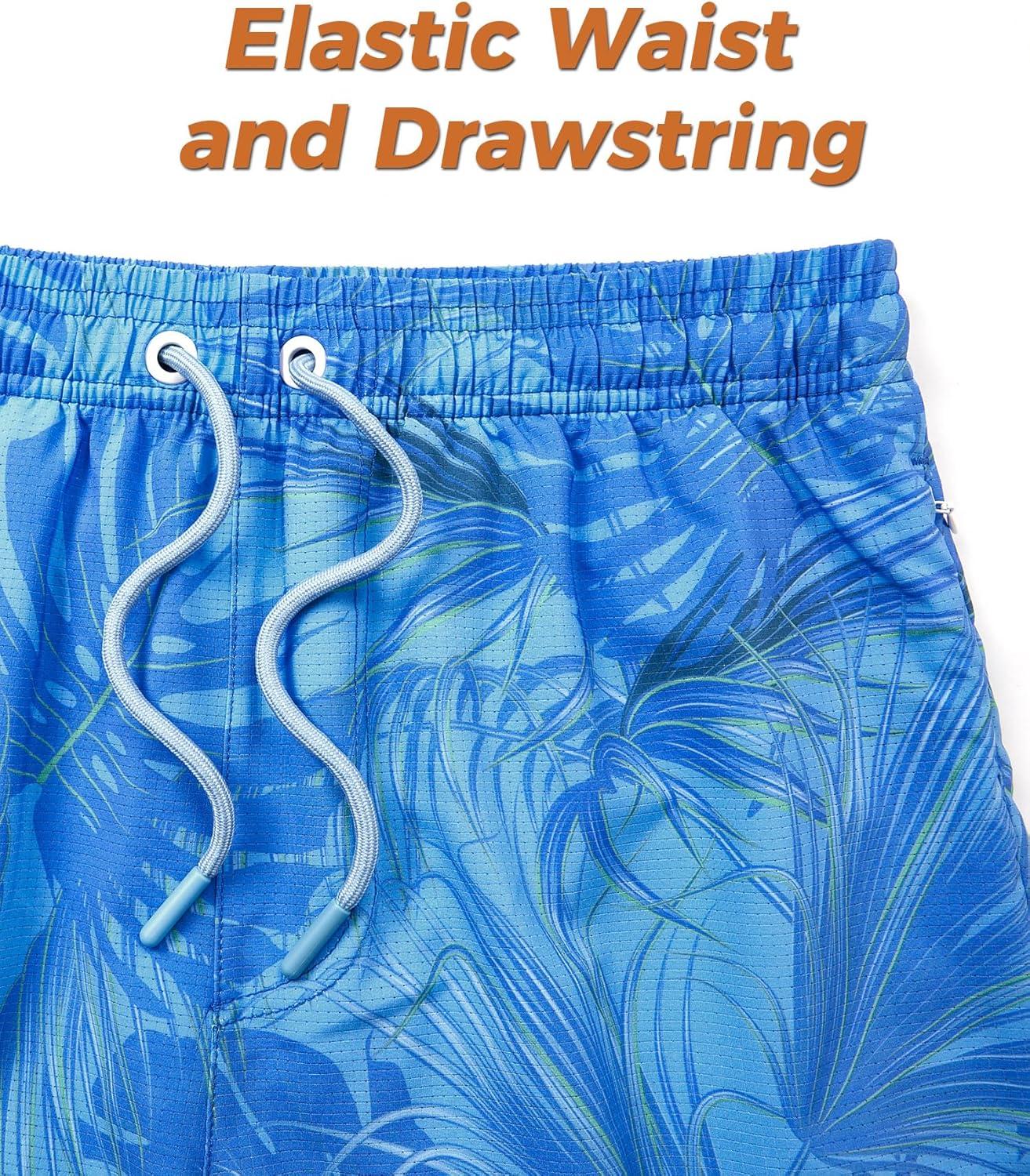 imageELETOP Mens Swim Trunks with Compression Liner Bathing Suit Beach Board Shorts with Zipper Pockets619 Palm Leaf Blue
