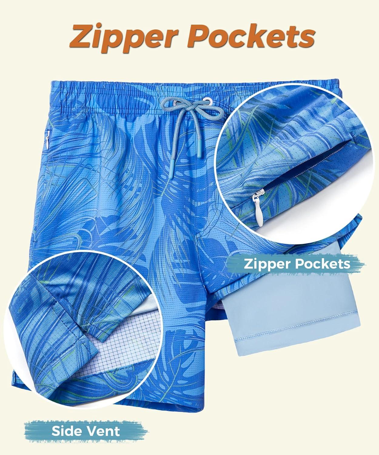imageELETOP Mens Swim Trunks with Compression Liner Bathing Suit Beach Board Shorts with Zipper Pockets619 Palm Leaf Blue