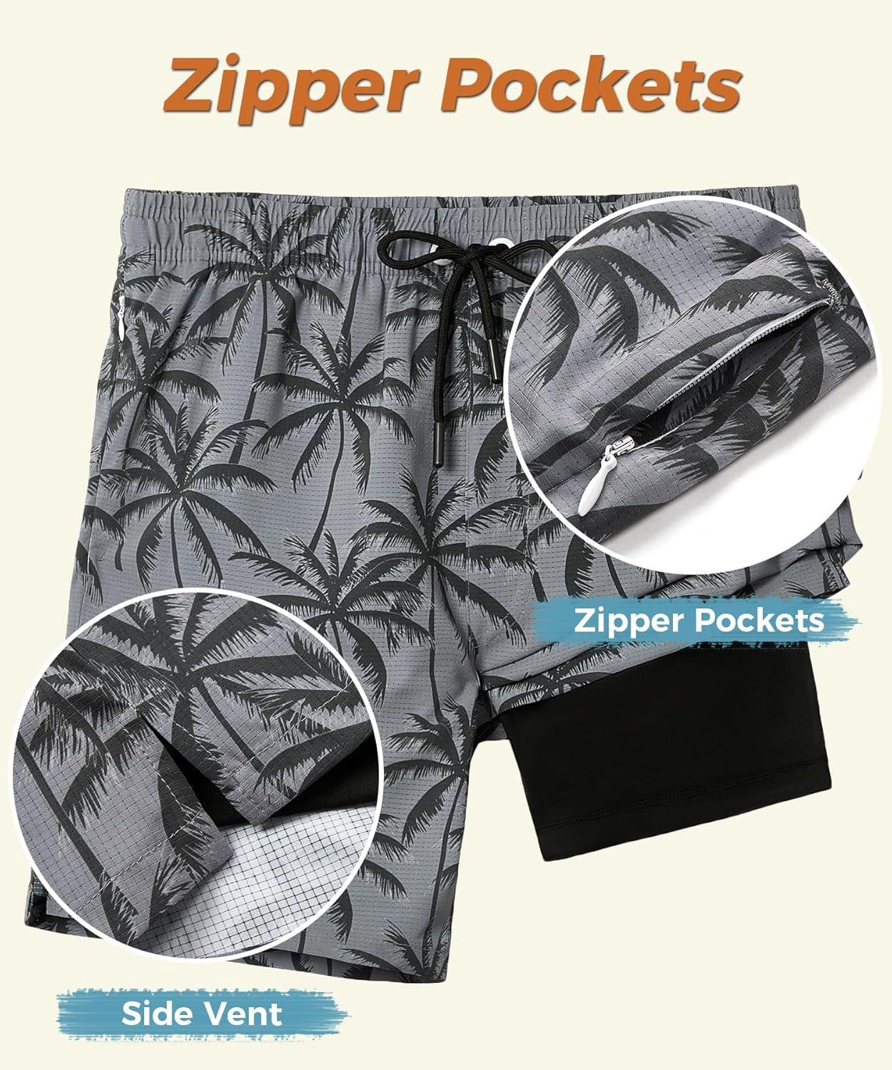 imageELETOP Mens Swim Trunks with Compression Liner Bathing Suit Beach Board Shorts with Zipper Pockets620 Coconut Tree Gray