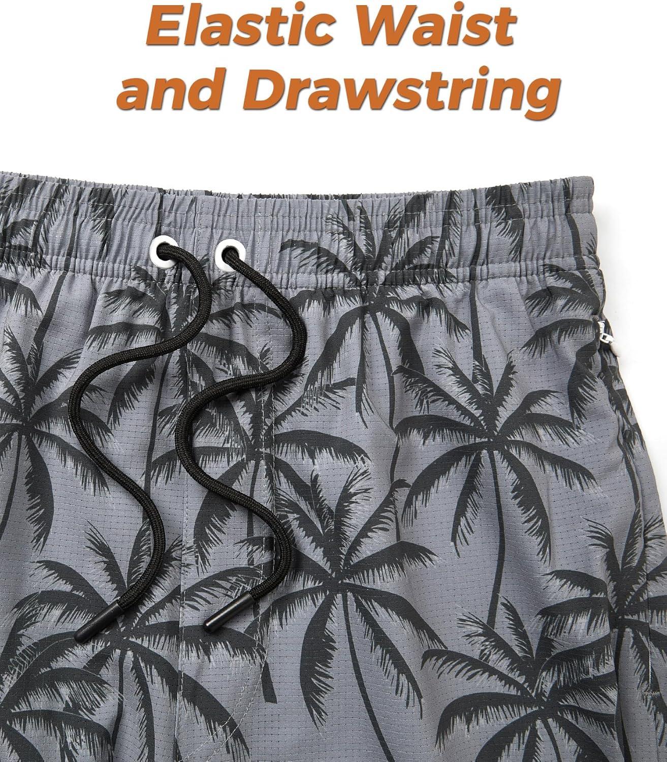 imageELETOP Mens Swim Trunks with Compression Liner Bathing Suit Beach Board Shorts with Zipper Pockets620 Coconut Tree Gray