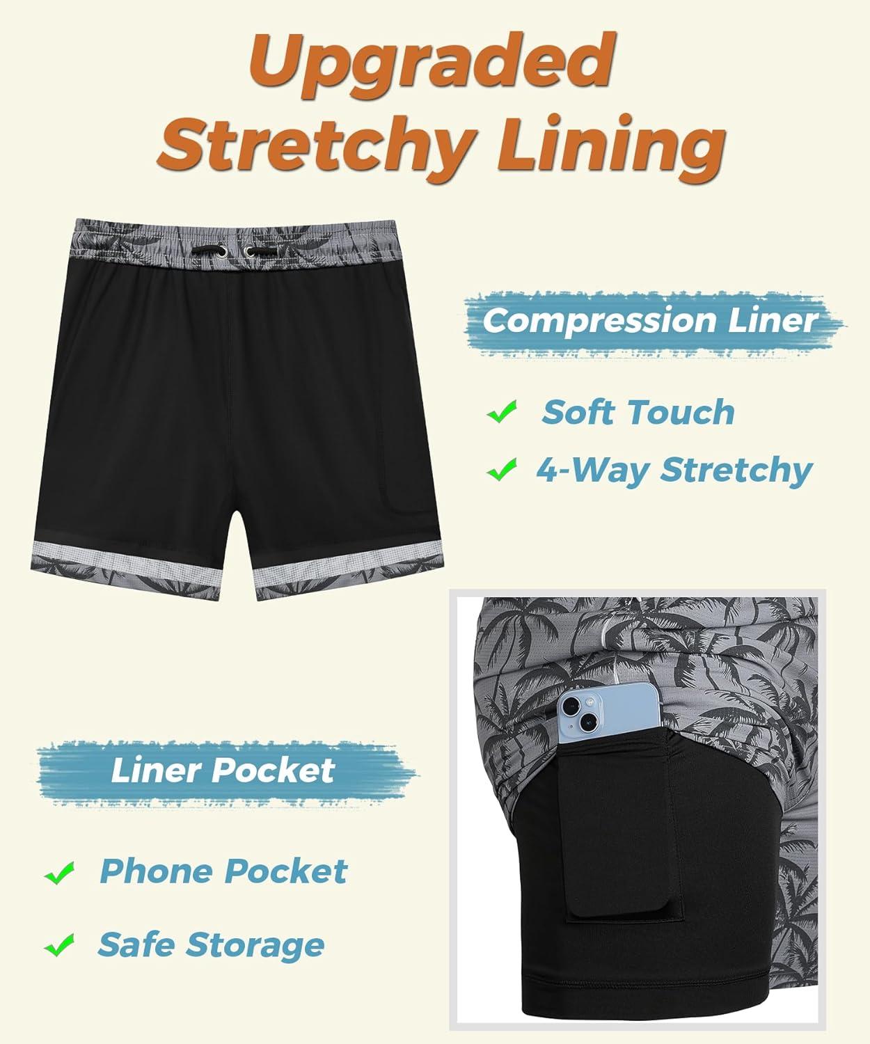 imageELETOP Mens Swim Trunks with Compression Liner Bathing Suit Beach Board Shorts with Zipper Pockets620 Coconut Tree Gray