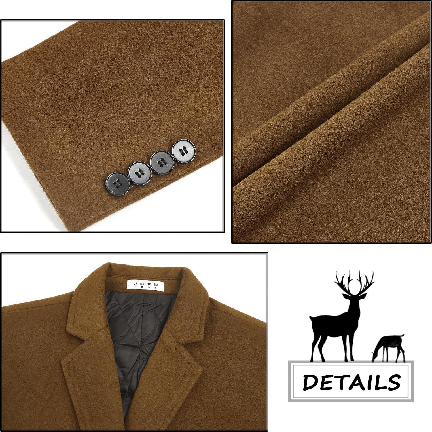 imageELETOP Mens Trench Coat Winter Wool Jacket Long Business Overcoat Pea Coat 1801 Camel L