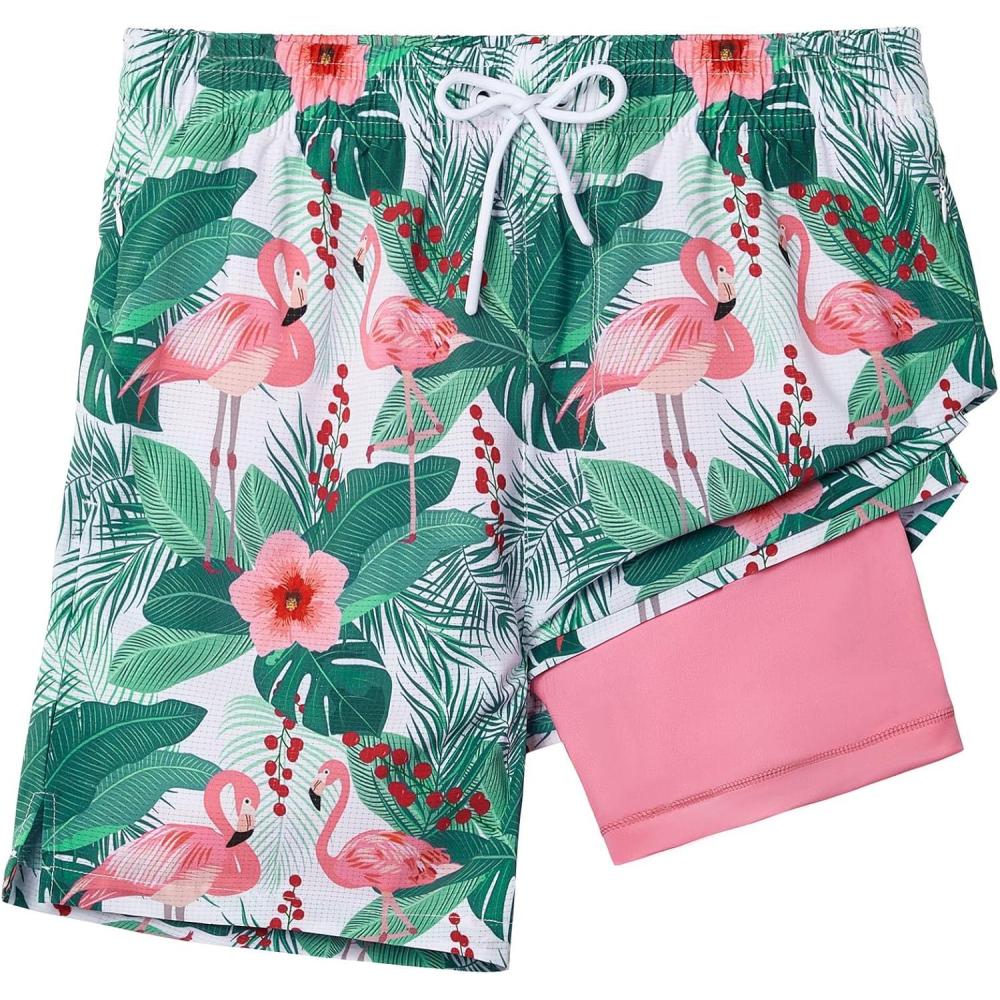imageELETOP Mens Swim Trunks with Compression Liner Bathing Suit Beach Board Shorts with Zipper Pockets607 Flamingo Green Leaf