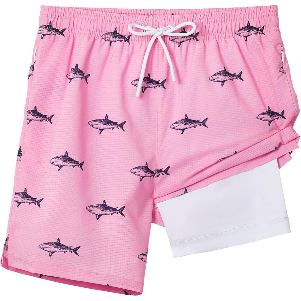 imageELETOP Mens Swim Trunks with Compression Liner Bathing Suit Beach Board Shorts with Zipper Pockets611 Shark Pink