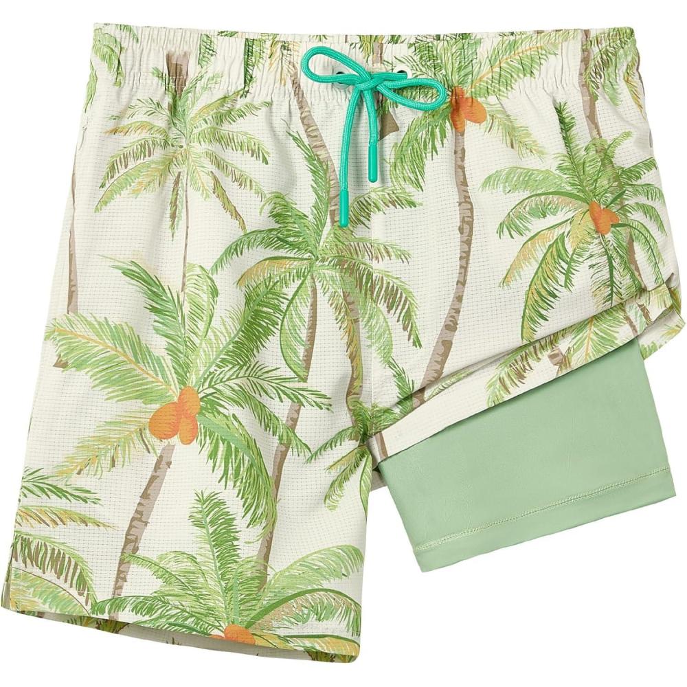 imageELETOP Mens Swim Trunks with Compression Liner Bathing Suit Beach Board Shorts with Zipper Pockets614 Green Tree Beige