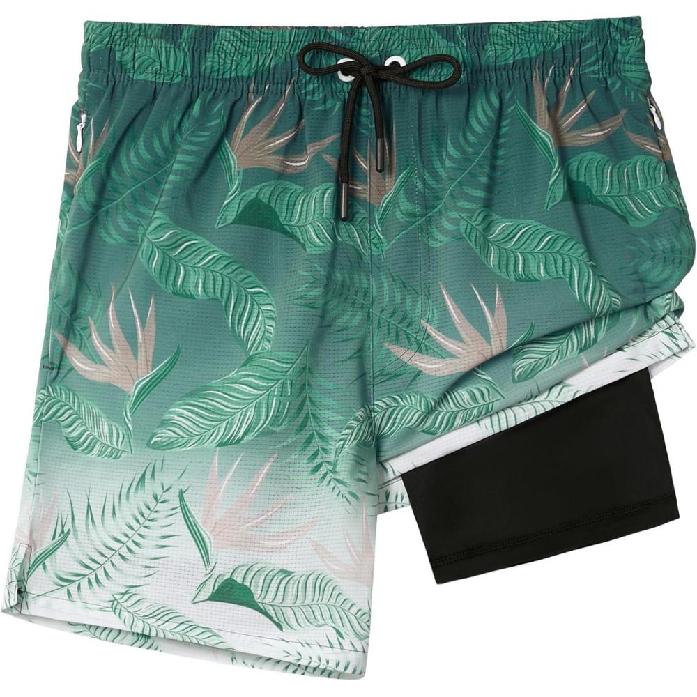 imageELETOP Mens Swim Trunks with Compression Liner Bathing Suit Beach Board Shorts with Zipper Pockets615 Leaf Gradient Green