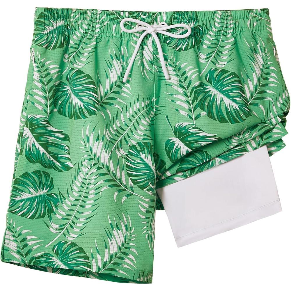 imageELETOP Mens Swim Trunks with Compression Liner Bathing Suit Beach Board Shorts with Zipper Pockets618 Palm Leaf Green