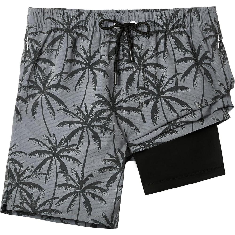 imageELETOP Mens Swim Trunks with Compression Liner Bathing Suit Beach Board Shorts with Zipper Pockets620 Coconut Tree Gray