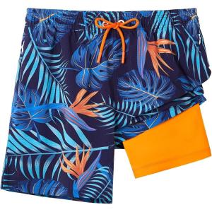 imageELETOP Mens Swim Trunks with Compression Liner Bathing Suit Beach Board Shorts with Zipper Pockets606 Palm Leaf Blue Yellow