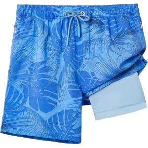 imageELETOP Mens Swim Trunks with Compression Liner Bathing Suit Beach Board Shorts with Zipper Pockets619 Palm Leaf Blue