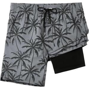 imageELETOP Mens Swim Trunks with Compression Liner Bathing Suit Beach Board Shorts with Zipper Pockets620 Coconut Tree Gray
