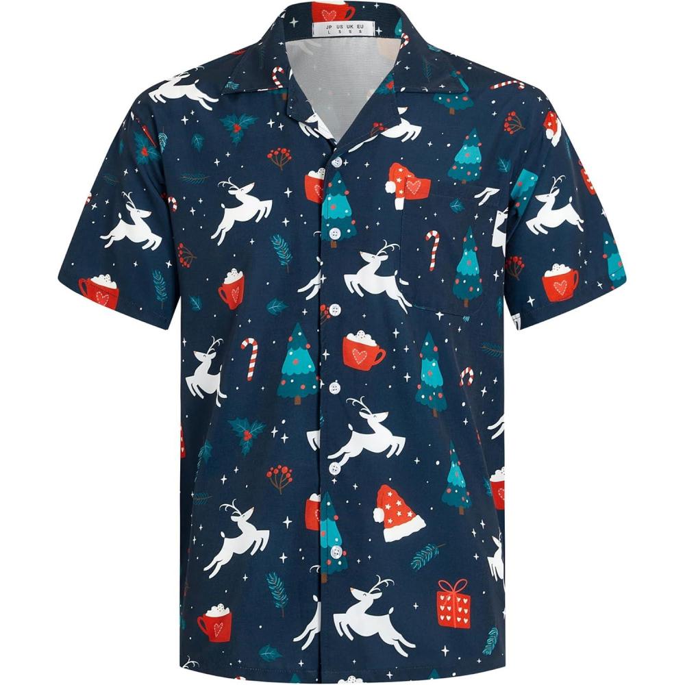 imageELETOP Mens Hawaiian Shirt Short Sleeve Button Down Casual Tropical Aloha Beach Shirts184 Christmas Navy