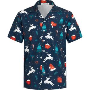 imageELETOP Mens Hawaiian Shirt Short Sleeve Button Down Casual Tropical Aloha Beach Shirts184 Christmas Navy